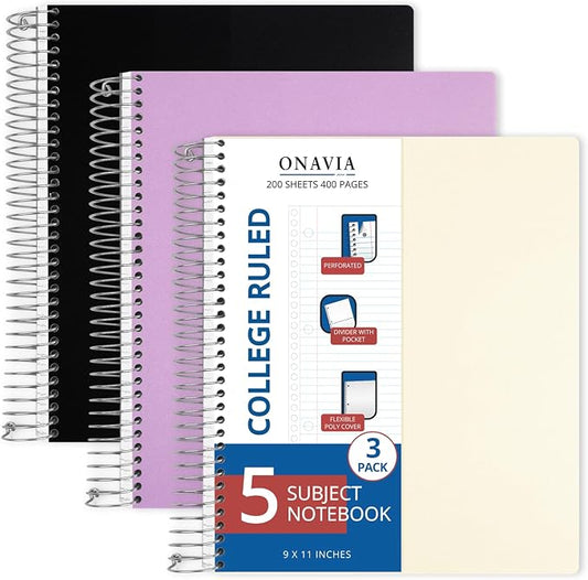 ONAVIA 5 Subject Spiral Notebook College Ruled 3 Pack, 400 Pages | 200 Sheets, 9 x 11 in, 6 Pack Waterproof Plastic Cover, Durable, School Notebooks, Classroom, Teachers