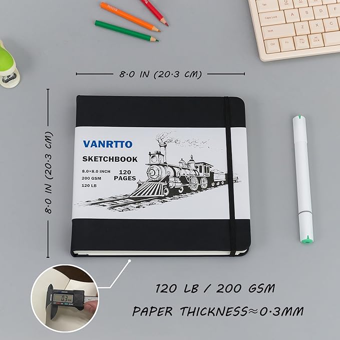 Vanrtto Hardcover Sketch Book, Square Mixed Media Sketchbook 8x8 in 2 Pack | Hardcover Square Sketch Book 120LB/200GSM Drawing Paper, 240 Pages/120 Sheets Sketch Pad for Adults, Mixed Media Sketchbook