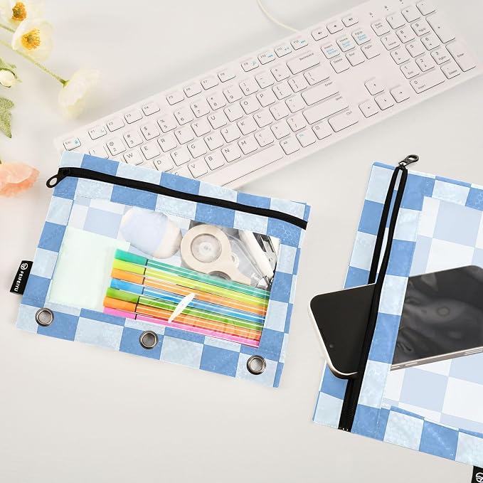 Blue Checkered White Buffalo Plaid Pencil Pouch for 3 Ring Binder 2 Pack Zipper Binder Pencil Bag Case with Clear Window Office Supplies