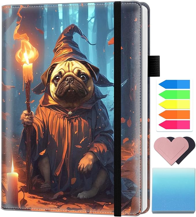 A5 Leather Lined Journal Notebook, 200 Pages Hardcover Executive Notebook for Men Women Office School Note Taking, Thick Writing Paper Daily Journal with Bookmarks/Indexes, Pug Wizard