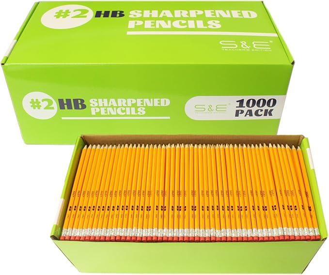 S & E TEACHER'S EDITION 1000 Count Pre-sharpened #2 Pencils with Erasers – Bulk Yellow Woodcase HB Lead Pencils for School Districts, Testing Centers, Churches & Offices – No.2 Pencil Case Pack
