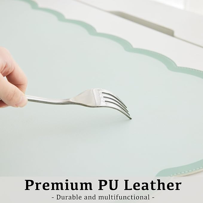 Scalloped Desk Mat, 23.6" x 11.8" Cute Small Aesthetic Desk Accessories, PU Leather Computer Laptop Desk Mouse Keyboard Pad, Desk Writing Mat for Vanity/Work/Home Decor Sage Green