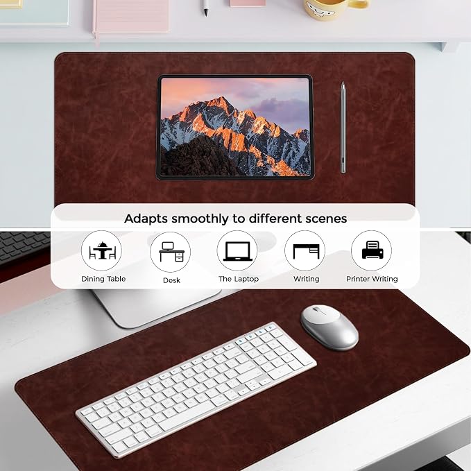 CHEERYGOO Leather Desk Pad Protector, Mouse Pad, Office Desk Mat, Non-Slip PU Leather Desk Blotter, Laptop Desk Pad, Waterproof Desk Writing Pad for Office and Home 31.5"x 15.7" L Reddish Brown