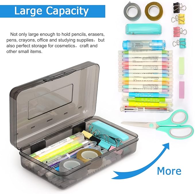 Tamaki 1 Pack Plastic Pencil Box Large Capacity, Black | Clear Boxes with Snap-tight Lid Stackable Design and Stylish Office Supplies Storage Organizer