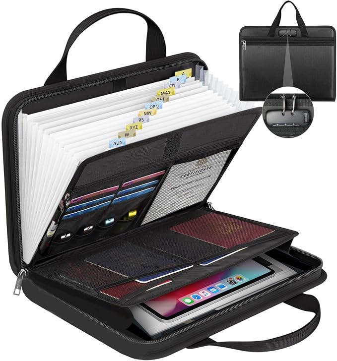 onvvippiv File Organizer Fireproof Expanding with Lock Zipper | Accordion File Folder Labels13 Pockets Document Organizer Holder Storage Box Bag for Business Office Receipt Home Travel