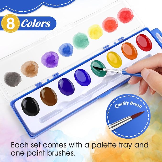 FUMILE Watercolor Paint Set Bulk, 5 Pack, 8 Colors Watercolors Paint with Paintbrush, Washable Watercolor Paint Set Kids for Parties, Birthday Party Favor, Valentines for Kids Classroom.