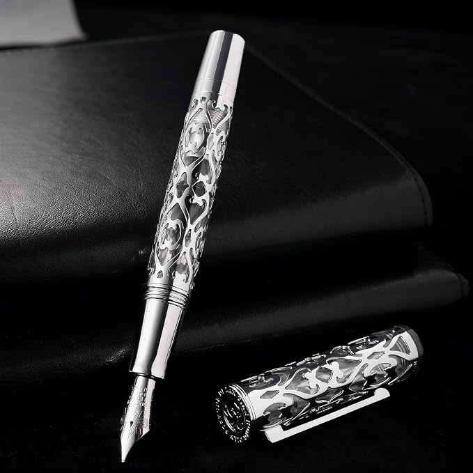 HONG DIAN D1 Piston Fountain Pen Extra Fine Nib, Hollow Skeleton & Resin Pen with Metal Case Set (Silver)