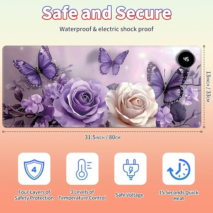 Heated Desk Pad Large Mouse Pad 31.5 x 13 inch with 3 Levels Heating & Auto Shut-Off Warm Mouse pad PU Leather Computer Mousepad for Home Office Work - Purple Roses and Butterflies