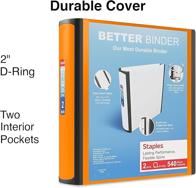 Staples Better Binder, 2" D‑Ring 3‑Ring Binder, Bright Orange, Reinforced Rubber Spine, Durable High‑Capacity Binder for School & Office