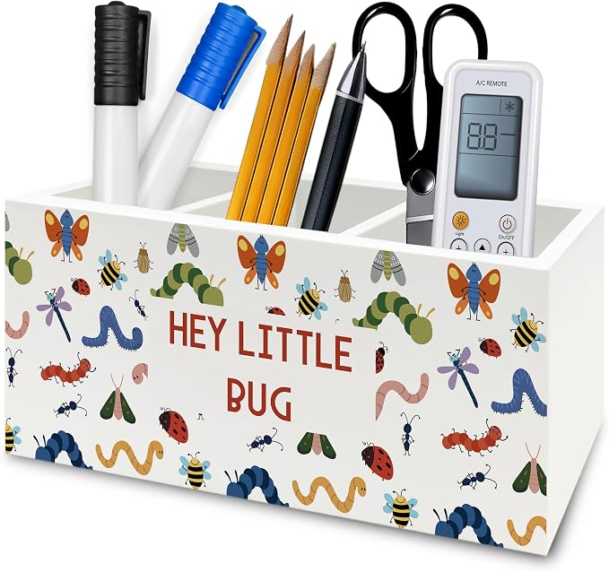 Bug Insect Kids Classroom Pen Pencil Holder Organizer for Desk, Hey Little Bug Wooden Box Signs Decorations for Kids Boys Girls Room Bedroom Playroom Desk Tabletop, Insect Gifts