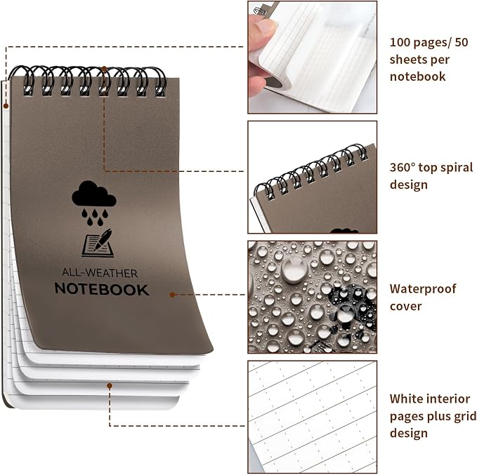 COIDEA 3 Pack Waterproof Notebook, 3 x 5 Pocket Notepad, All Weather Small Pocket Notebook Paper, Mini Spiral Notepad Police Notepad 100 Lined Pages for Outdoor Office