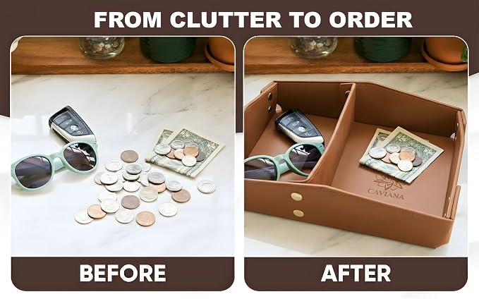 Valet Tray Organizer for Men & Women - PU Leather Catch All Tray with Removable Divider - EDC Storage for Keys, Watch, Phone - Nightstand, Dresser & Desk Organizer - Saddle Tan