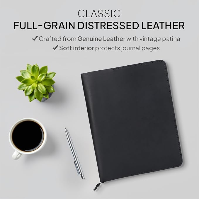 XL Leather Journal Cover Black 7.5 x 9.5 Inch – Refillable Genuine Leather Cover for Composition Notebook, B5 Planner & Diary – Handmade Protective Travel Writing Case