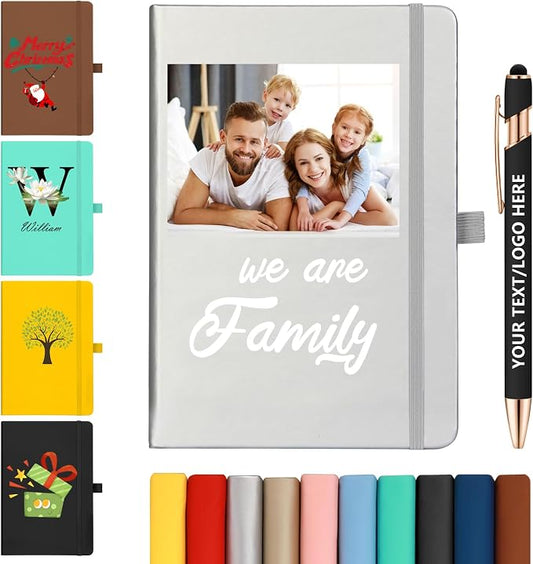 ENOMY Personalized Notebook &10 PC Pens Set A5 Journal Hardcover Custom Notebook 200 Lined Pages Business Notebook with Pen Holder for Holiday College Birthday Business Gift, Silver