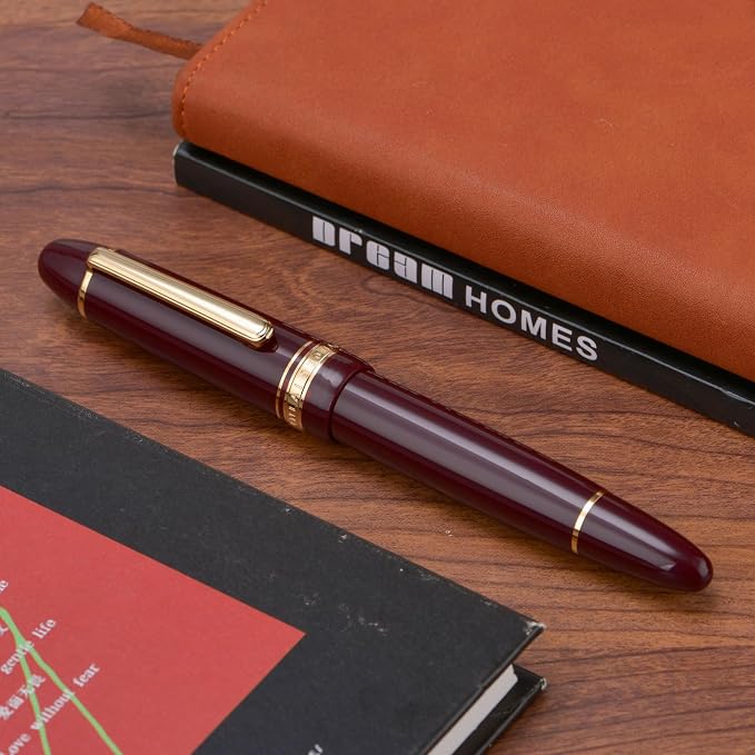 Wikult Yongsheng Junlai 930 Acrylic Fountain Pen, Size 9 Broad Nib with Piston Filling System, Wine Red Fence Ink Tank with Torpedo Shape Design Large Hand Pen (Gold Trim)