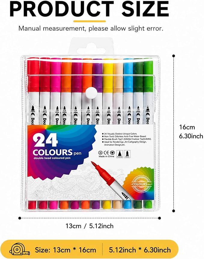 24 Colors Dual Tip Markers, Water Based Art Markers with Brush Tip and Fineliner Tip, Coloring Pens for Drawing, Coloring, Calligraphy, Journaling, Art Supplies for Adults and Kids