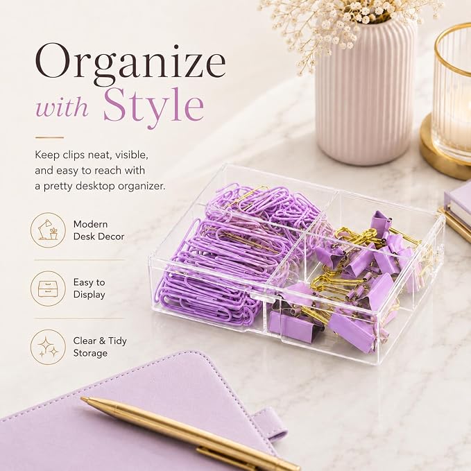 Purple and Gold Paper Clips Binder Clips Set with Storage Box, 165 Psc, Assorted Size Decorative Office Clips, Cute Desk Accessories for School, Home Office, Planner, Journal and Documents