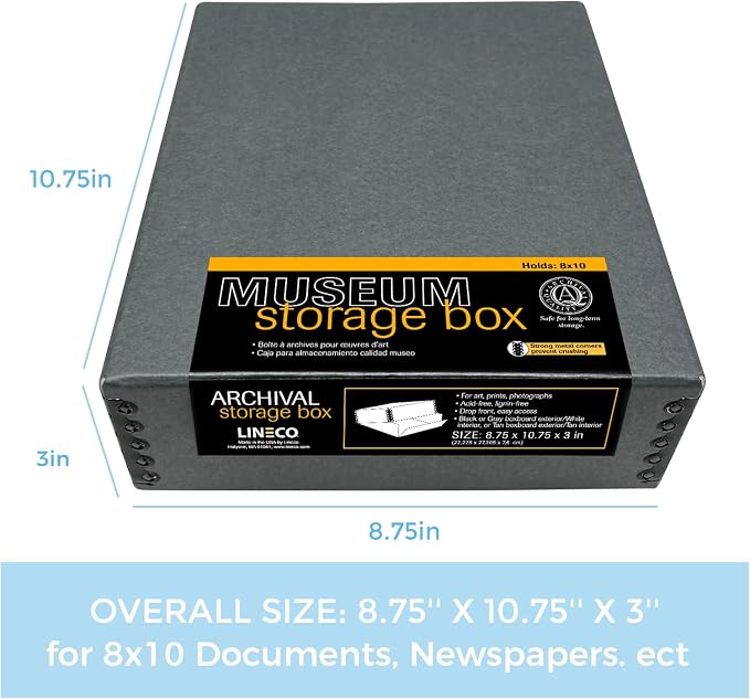Lineco Drop Front Archival Storage Box, 8.75x10.75x3 in, Gray, 2 Pack | Acid-Free with Metal Edge, Preserves Picture Longevity, Organize Photos, Newspapers, Prints, Documents, Crafts, DIY