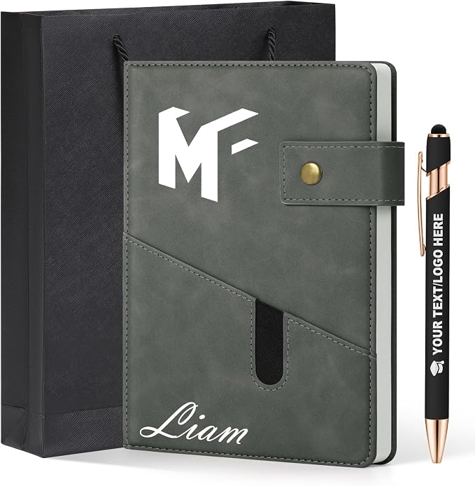 ENOMY A5 Personalized Notebook Journal with Pen & Gift Set Custom Hardcover Notebook 200 Pages Thick Daily Diary for Men Women Lined Journal for Work College Travel Writing, Grey