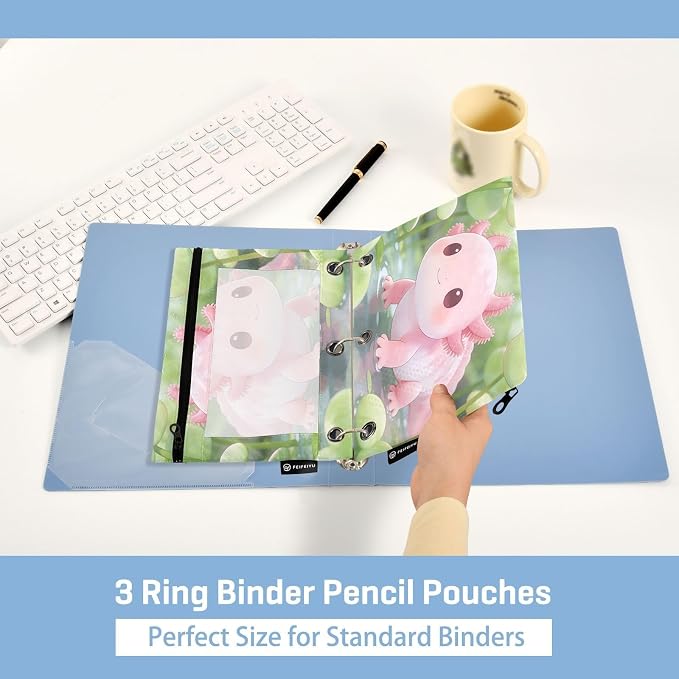 Cute Axolotl Pencil Pouches for 3 Ring Binder, Zipper Binder Pencil Case, 2 Pack Clear Window Case Bag for Office Organizers