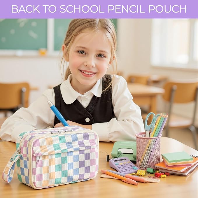 WOBAGMEN Cute Pencil Case,Large Corduroy Zippered Pencil Case Pouch, aesthetic Pencil Bag with Compartments, Pencil Pouch School Supplies (Colorful checked)