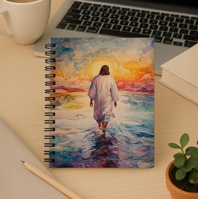 bitCNY Jesus Walking on Water Notebook 8.3x5.5 Inch – Watercolor Christian Spiral Journal, Inspirational Bible Verse Notebook, Lined for Notes & Prayer