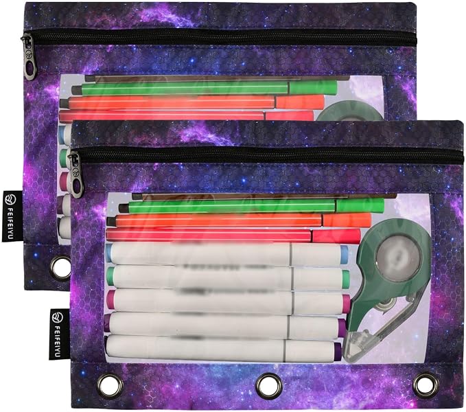 Starry Galaxy Pencil Pouch Fits Standard 3-Ring Binders, Zipper Binder Pencil Bag with Clear Window for Class Office 2 Pack