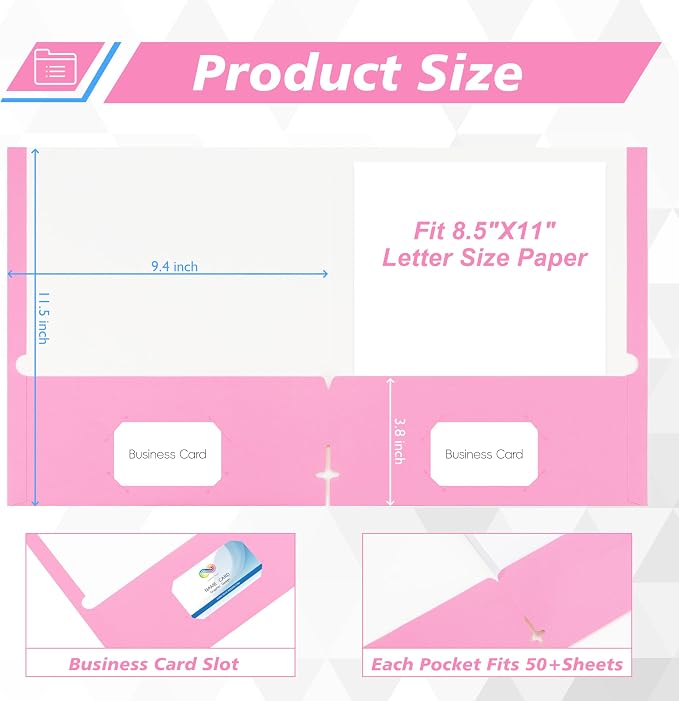 50 Packs Two Pocket Folders,Two Pocket File Folders with Business Card Slot,Pink,Letter Size,Paper Folders with Pockets for School Office Home Business