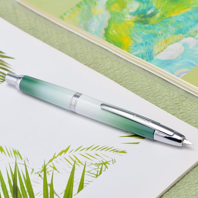 Jinhao 10 Press Fountain Pen with Box, Gradient Grass Green Retractable Fine Nib with Ink Converter Set (Silver Clip)
