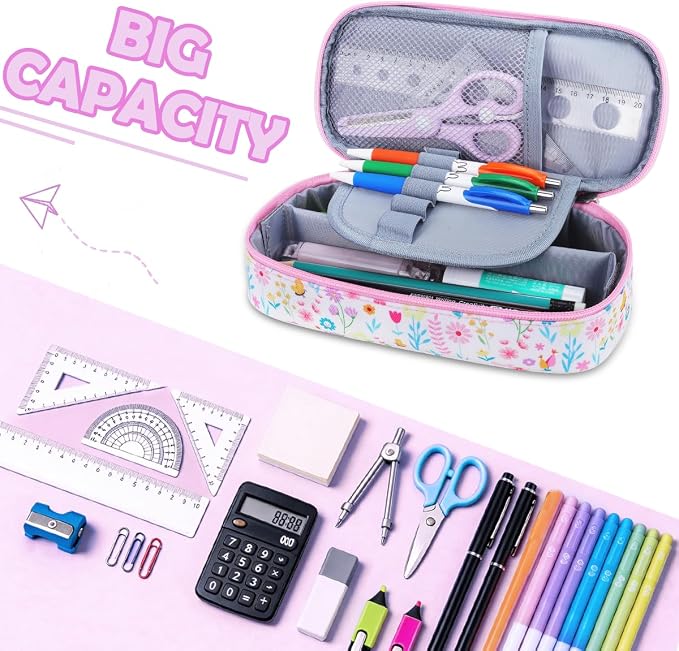 RHCPFOVR Kids Pencil Case for Girls-Soft Zipper Large Capacity Pencil Pouch for Girls Pencil Case for School Pencil Bag for Toddler (Leaf & Flower)