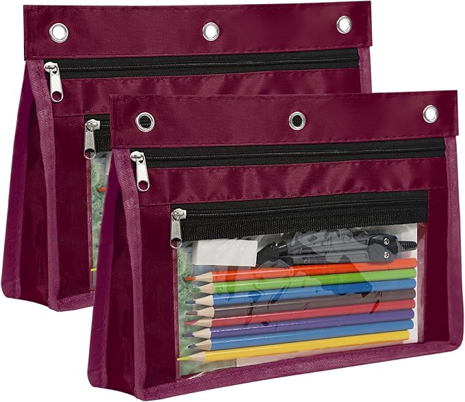 YoeeJob 2 Pack 1 Inch Expandable Zipper Pencil Pouches with Clear Window for 3 Ring Binder, Suitable for School & Office（Wine-red）