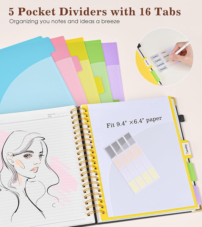 Hardcover Large Spiral Notebook journal with Removable Dividers Tabs, 300 pages Leather 5 Subject Notebook College Ruled, 8" x 10"Journal for Women Men, Notebooks for Work School Note taking,B5 Black