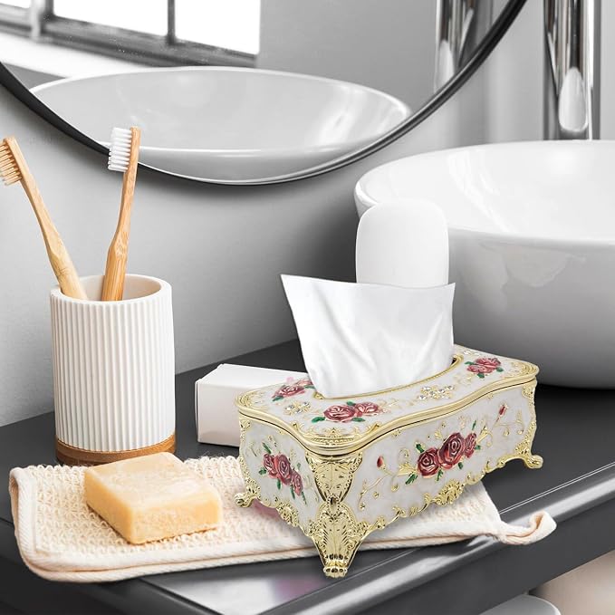 Luxurious Rose Tissue Box with Imitation Diamonds,Gold-White-red | Embossed Flowers，9.45"x5.43"x3.94"，Elegant Tissue Paper Holders，for Home Toilet Bath Hotel