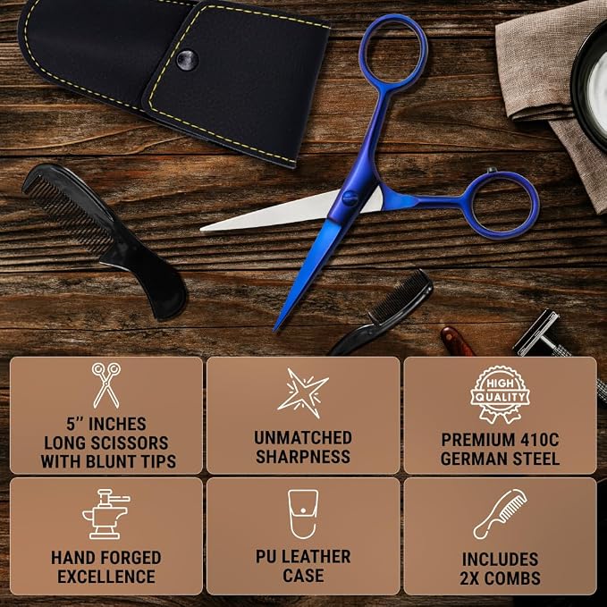 Ontaki 5" Beard & Mustache Scissor with Combs for Men - Midnight Blue | 410C Durable German Steel, Ergonomic Travel Friendly Design for Facial Hair - Beard Grooming Kit & Case Perfect for Styling