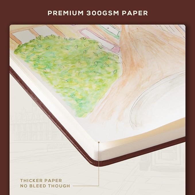 Beechmore Books 300 GSM Heavyweight Mixed Media Sketchbook A5 5.8"x8.3" - 96 Pages, Vegan Leather Hardcover Professional Art Journal for Paintings, Gouache and Ink