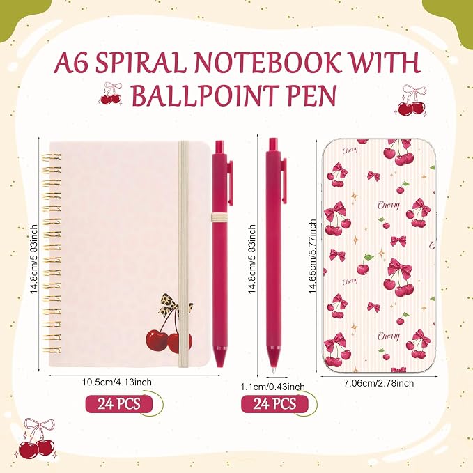 Fulmoon 24 Set Cherry A6 Spiral Notebook with Ballpoint Pens 50 Sheets, 4"x 6" Small College Ruled Notepads Journaling Notebooks Bulk for Back to School Supplies Offices Team Cherry Birthday Gifts