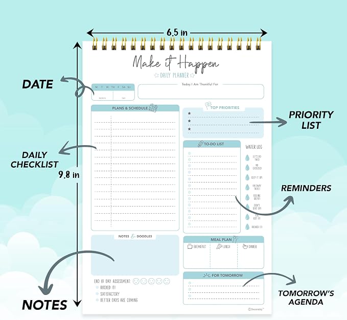 Decorably 52 Sheets Blue Undated Make It Happen Notepad - 6.5x10in Spring-Bound Daily Planner Tear Off for Schedule, Priorities, Agenda, Water Intake, Meals, Notes and Doodles - Home, Office