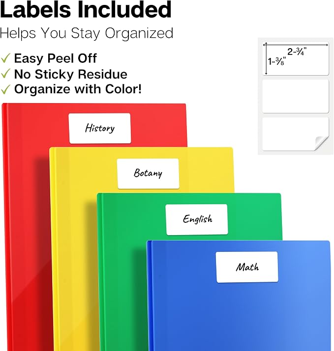 Dunwell Plastic 2 Pocket Folders with 3 Prongs, (24 Pack, Assorted Colors), Bulk 3-Clasp Folders with Fasteners, Tear-Resistant, Long Lasting Acid-Free Poly, Includes Labels