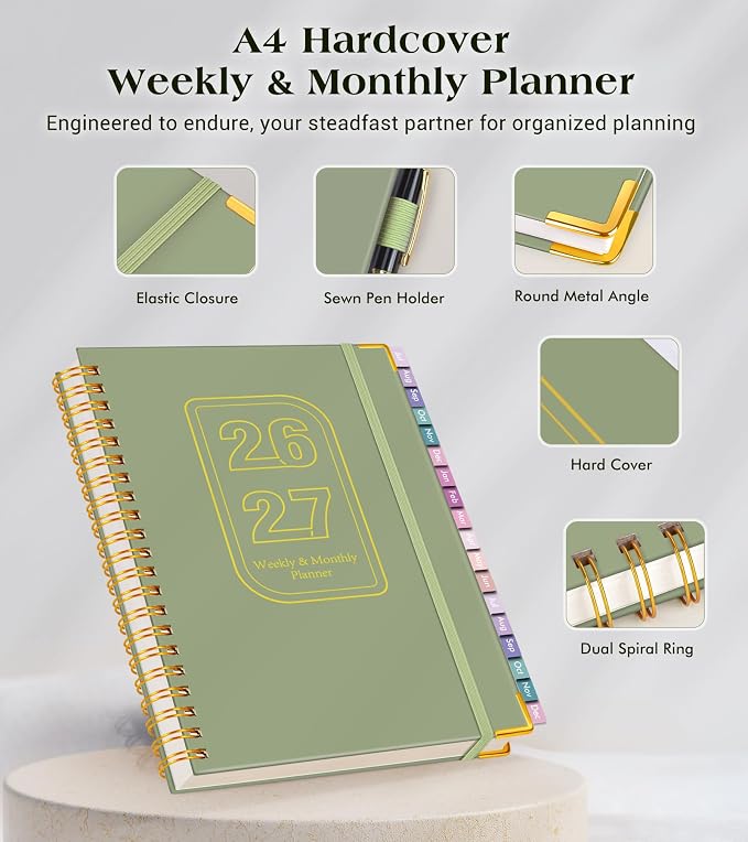 Academic Planner 2026-2027, 18 Months Weekly and Monthly Hardcover Planner, July 2026 - December 2027, 8.5" x 11" A4 Large Daily Calendar Planner Book with Tabs, Spiral College School Agenda Organizer for Student Teacher, Green
