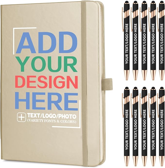 ENOMY Personalized Notebook Journal & 10 PC Pens Gift Set Custom Notebook A5 200 Pages A5 Lined Journal for Men Women Hardcover Notebooks for Work College Graduation Gifts, Gold
