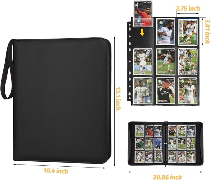 GERMUN 3 Ring 9 Pocket Zipper Card Binder, 720 Double Sided Standard PU Trading Card Album Folder for TCG & Sports Cards, Not Fit Top Loaders (Black)