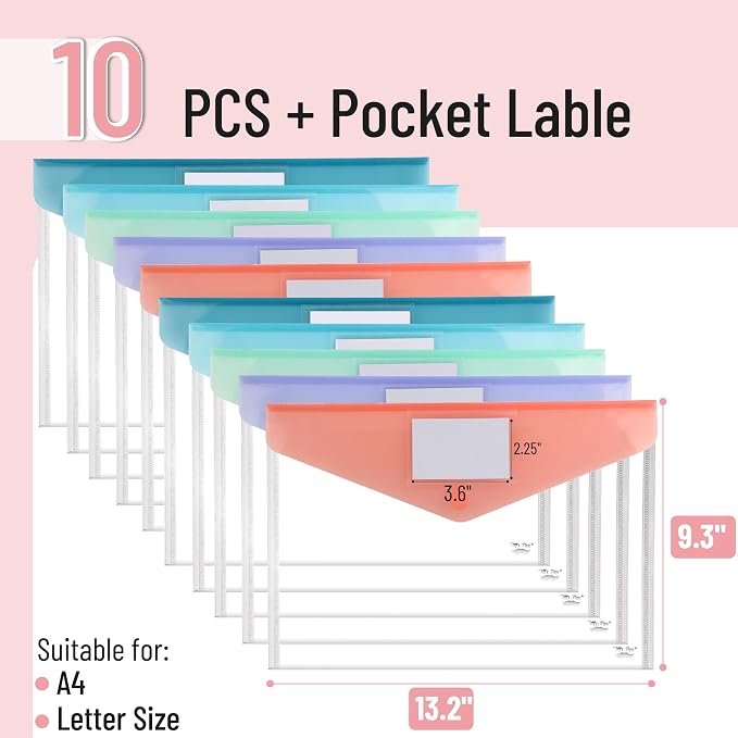 Mr. Pen- Clear Plastic Envelopes File Folders, 10 Pack, A4, Letter Size | Colorful Flaps, Clear Folders for Documents Plastic Poly Envelopes with Label for School, Home, Work, Office, Organizer