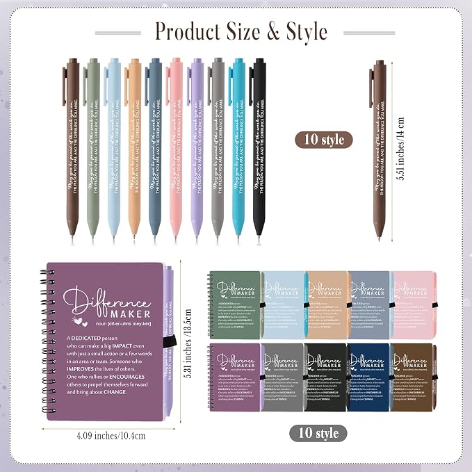 Resurhang 20 Sets Difference Maker Employee Appreciation Gift Bulk Inspirational A6 Spiral Notebook Journal Ballpoint Pens for Teacher Volunteer Coworker Team Back to School (Office Colors)