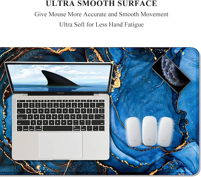Auhoahsil Large Mouse Pad, XXL Desk Pad, Extened Mousepad 31.5" x 11.8", Non-Slip Rubber Base, Stitched Edges, Superior Surface, Gaming Keyboard Mat, Waterproof Desk Pad, Dark Blue Marble