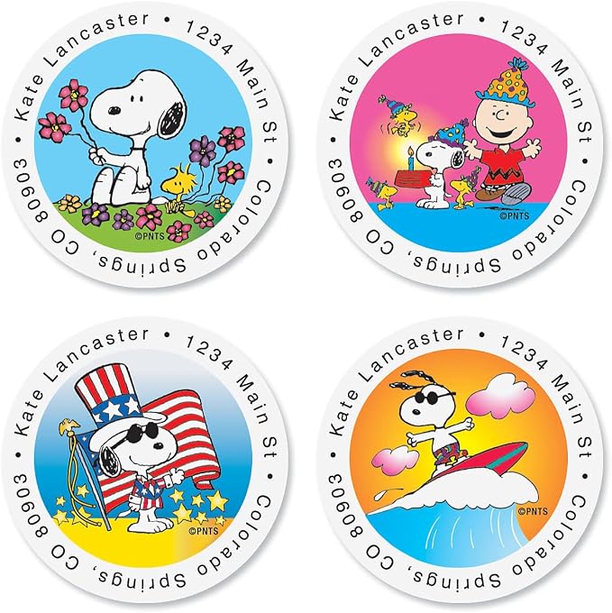 Colorful Images Year-Round Celebrations Holiday Peanuts Return Address Mailing Labels,Personalize with Name & Shipping Address,Set of 144 Self Adhesive, Easy Peel Flat Sticker Label Sheets,12 Designs