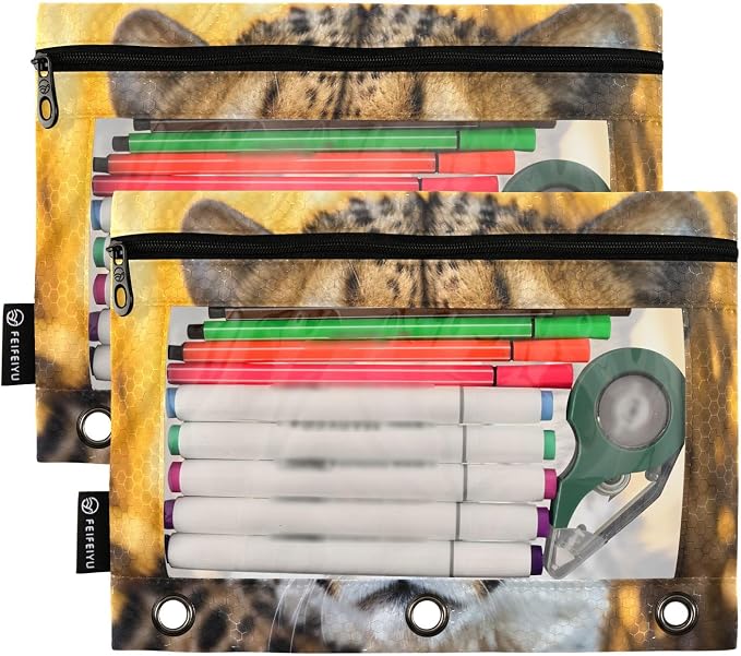 Cheetah Animal Pencil Pouch Fits standard 3-ring binders, Zipper Binder Pencil Bag with Clear Window for Class Office 2 Pack