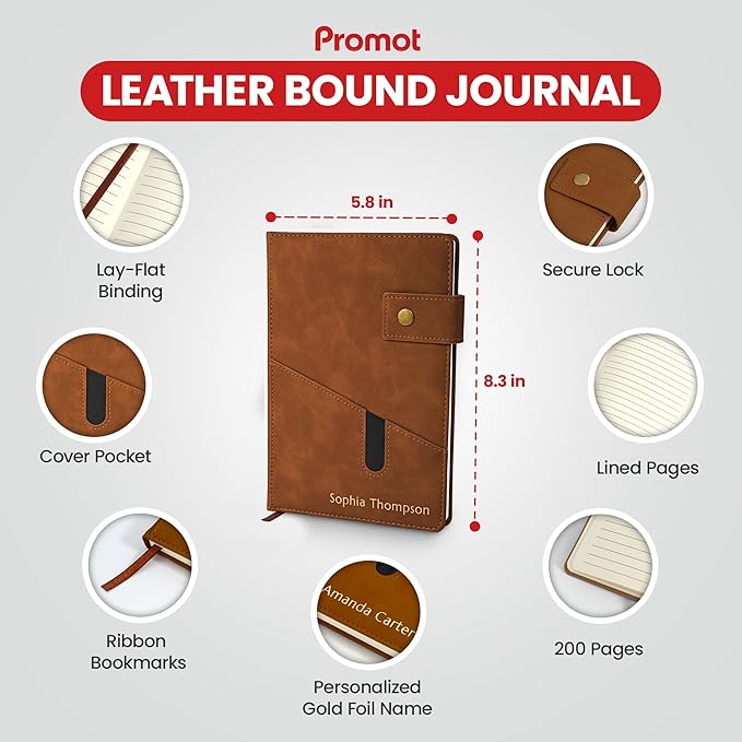Promot Personalized Notebook - A5 Lined Leather PU Journal Notebook (Brown) | Premium Leather-Look Cover, Smooth Lined Writing Pages, Durable Everyday Design, Elegant Professional Appearance