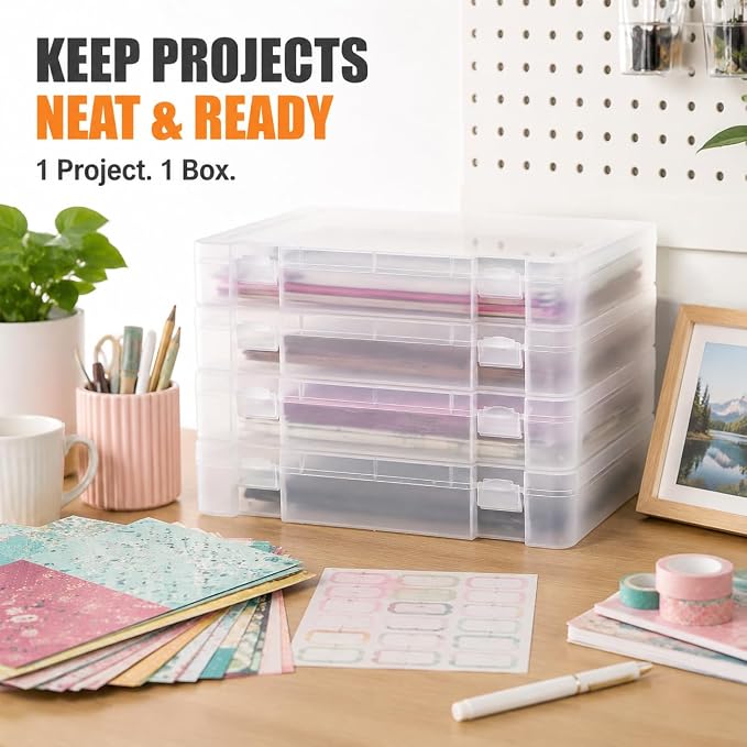 CraftGenes 4 Pack Scrapbook Paper Storage Boxes for Letter and A4 Paper | 1.8 in deep stackable cases fit 8.5 x 11 and A4 paper, with secure snap latches, translucent bodies and labels included