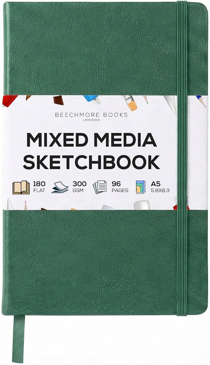 Beechmore Books 300 GSM Heavyweight Mixed Media Sketchbook A5 5.8"x8.3" - 96 Pages, Vegan Leather Hardcover Professional Art Journal for Paintings, Gouache and Ink