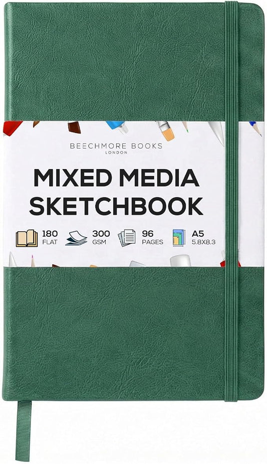 Beechmore Books 300 GSM Heavyweight Mixed Media Sketchbook A5 5.8"x8.3" - 96 Pages, Vegan Leather Hardcover Professional Art Journal for Paintings, Gouache and Ink
